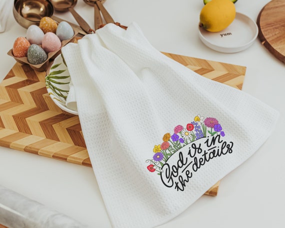 God is in the details wildflower kitchen towels for bridal shower, Christian kitchen finds, faith gifts for her, floral kitchen decor, guest