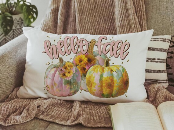 hello fall accent pillows for sofa, fall style gift, pink autumn decor, watercolor pumpkin fall decor best seller, fall host gift, sunflower