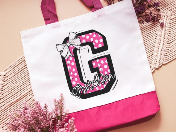 personalized initial tote bags for her, secret Santa gifts for teenage girls, bubblegum pink name tote book bag for school, Christmas gifts
