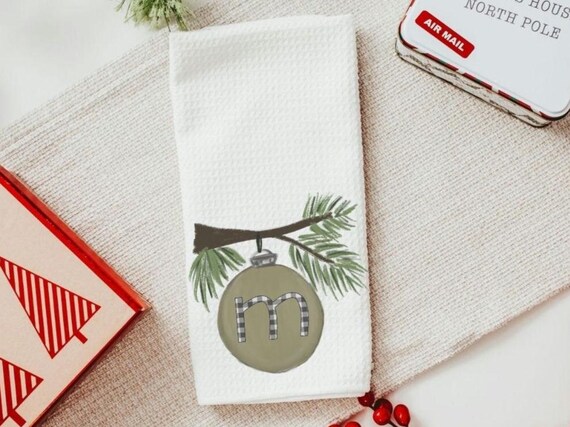 personalized initial hand towel for bathroom, custom farmhouse Christmas kitchen towels for couple, sage green Christmas kitchen decor, best