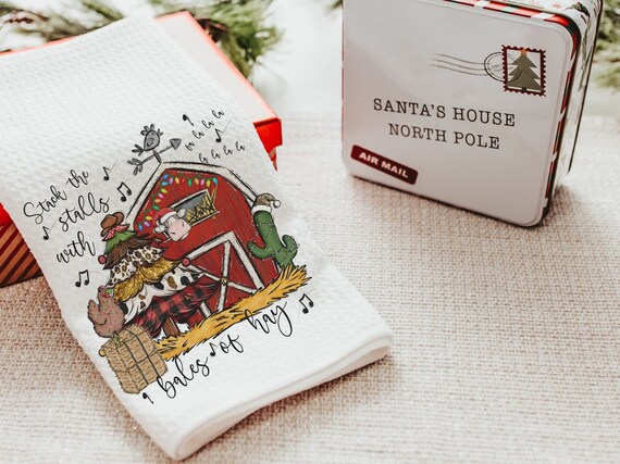 deck the halls farm Christmas kitchen towels for winter, cute Christmas hostess gifts for women, funny stocking stuffers for adult, red barn