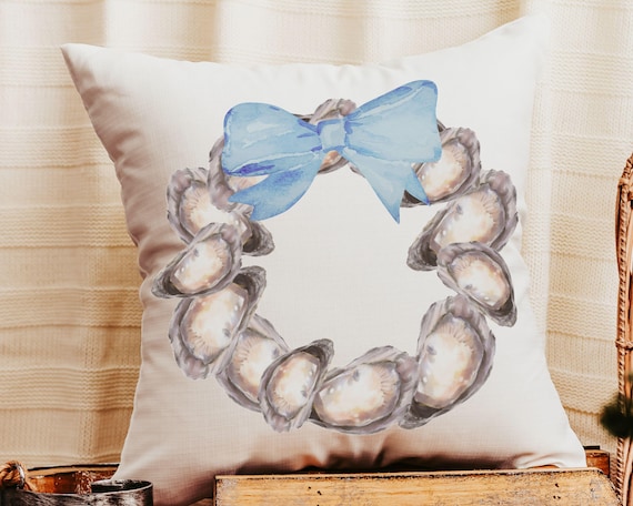 beach coquette throw pillows for couch, oyster shell decor, Cape Cod hostess gifts for women, coastal cottage accent pillow covers 18 x 18