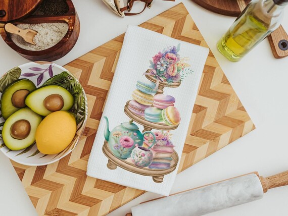 macaron cookies floral kitchen towels, pastel kitchen decor, garden party bridal shower gifts for bride, tea party hand towels for kitchen