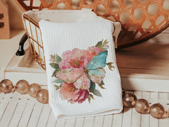 blush pink butterfly hand towels for bathroom, watercolor flower kitchen towels for daughter, muted teal butterfly gifts for her, guest