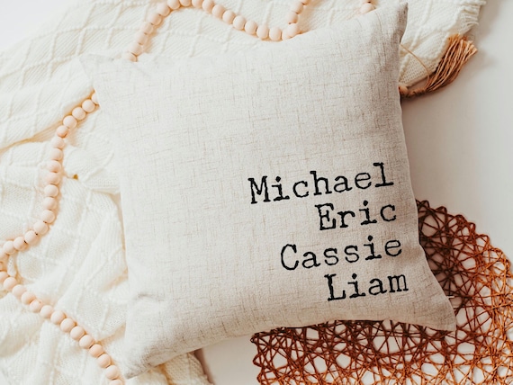 personalized family names throw pillow for bed, pet name pillow, unique anniversary gift for couple, dog parent gift, modern farmhouse decor