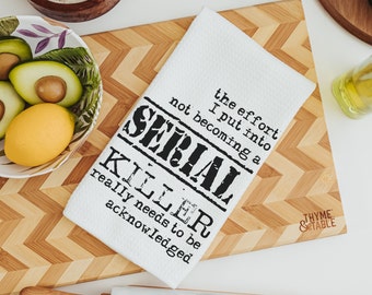 funny kitchen towels for women, true crime gift for her, serial killers and chill snarky hand towel for guest bathroom, dark humor gifts