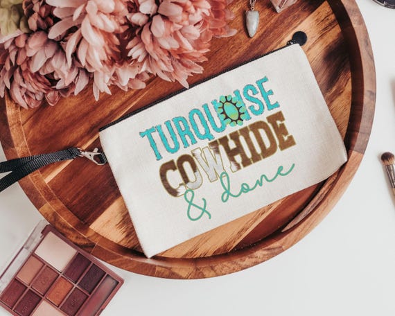 turquoise cowhide cosmetic bag for women, western makeup bag for purse, country bridesmaid gifts set of 6, western bridal shower favors best