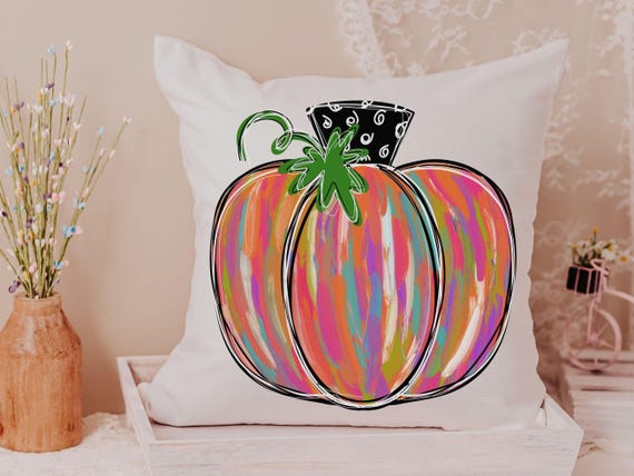 watercolor pumpkin throw pillow for bed trendy fall decor for home, autumn pillow covers 18x18, Thanksgiving hostess gifts for women, cute