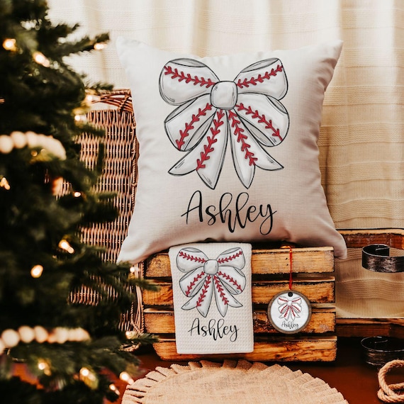 personalized baseball coquette bow throw pillows with name, baseball mom gifts, baseball girl baseball bow ornament wood, baseball rally