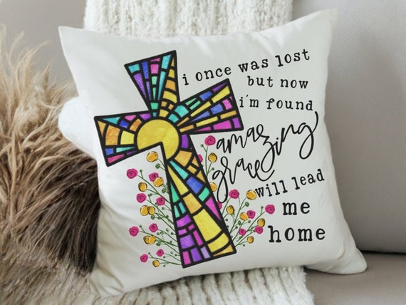 amazing grace floral decorative pillows for bed, Christian gifts for women sisters in Christ, stained glass cross throw pillows for couch
