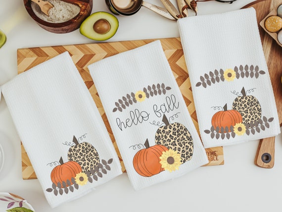 Hello Fall Kitchen Towel Set, Leopard Pumpkin Decor, Sunflower