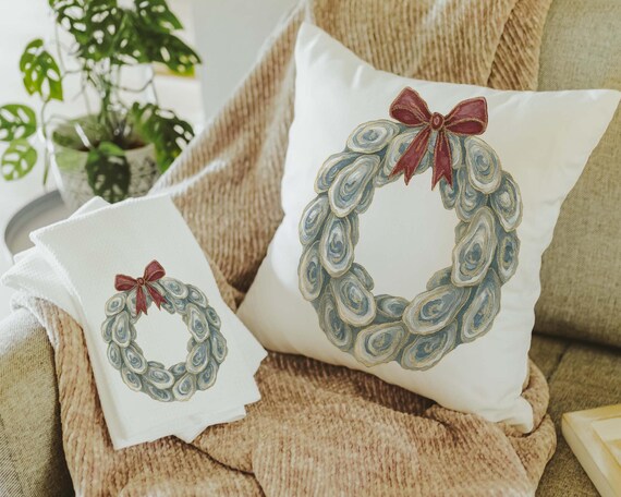 Oyster shell wreath pillows & towels