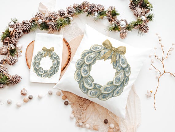 oyster shell Christmas wreath throw pillows for bedroom, coastal Christmas kitchen accessories, oyster Christmas hand towels for bathroom