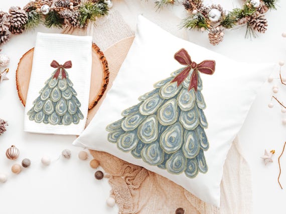 oyster shell Christmas tree throw pillows for women apartment decor trendy Christmas hand towels for kitchen, oyster Christmas gifts for her