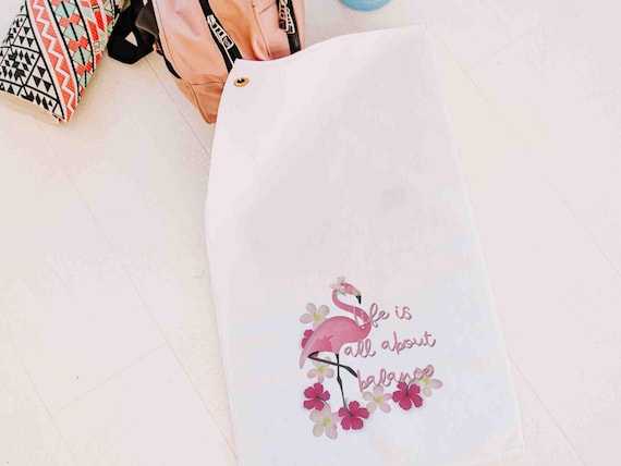 it's all about balance sweat towel with grommet, flamingo gifts for adults, cute yoga towel, gym bag accessories, workout gifts for her