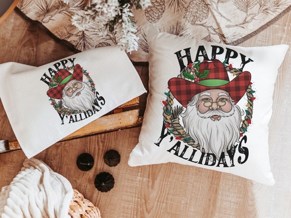 Happy Yallidays Cowboy Santa Throw Pillows & Towels