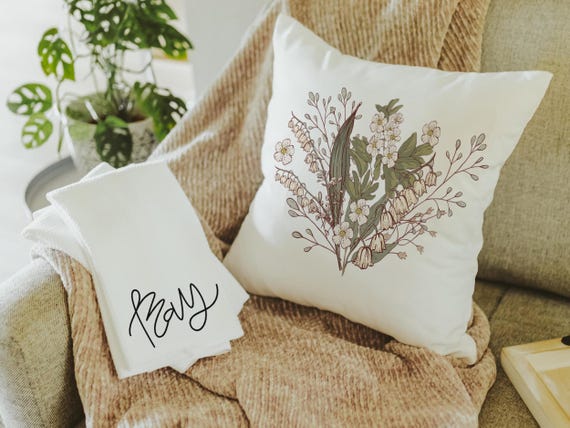 lily of the valley throw pillows for couch floral kitchen towels for Spring, best gifts for her, May birthday gifts for mom, white hawthorn