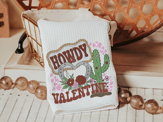 Howdy Valentines hand towels for besties, funny kitchen towels for couples, southwestern style Valentines kitchen decor, Galentines Day gift