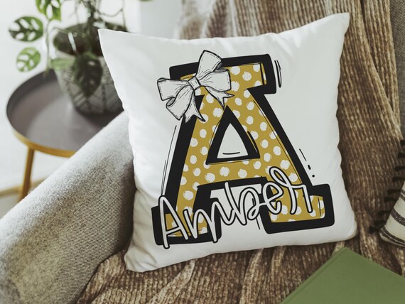 personalized initial throw pillows for nursery, best Christmas gifts for young women, dorm decor for college girls gold name pillow cases