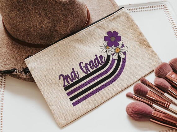 purple and white daisy pencil pouch personalized 2nd grade teacher gifts for women, purple school pride purple school supplies, second grade