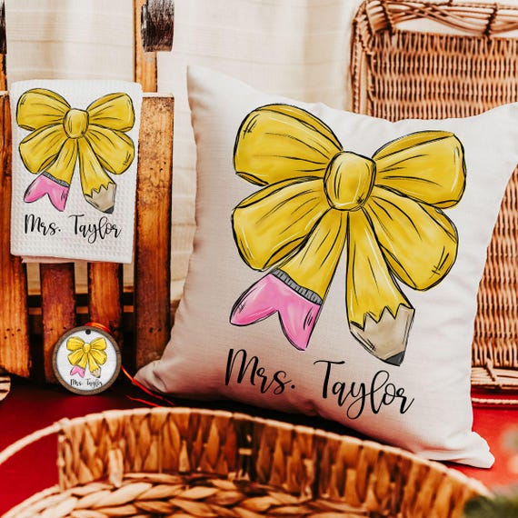 personalized teacher coquette pencil bow throw pillow for classroom decor, back to school gift set for teachers, cute teacher ornament wood