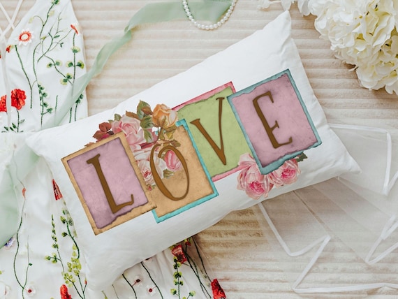 vintage inspired love throw pillow for bed, unique wedding gifts for couple, bloomcore romantic academia room decor, wife to be gift, fiance