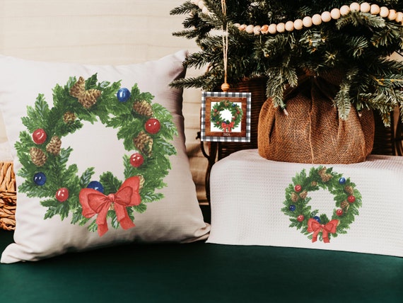 watercolor wreath Christmas ornament 2024, cozy Christmas decor for home, Christmas gifts for new homeowners, Christmas throw pillows for