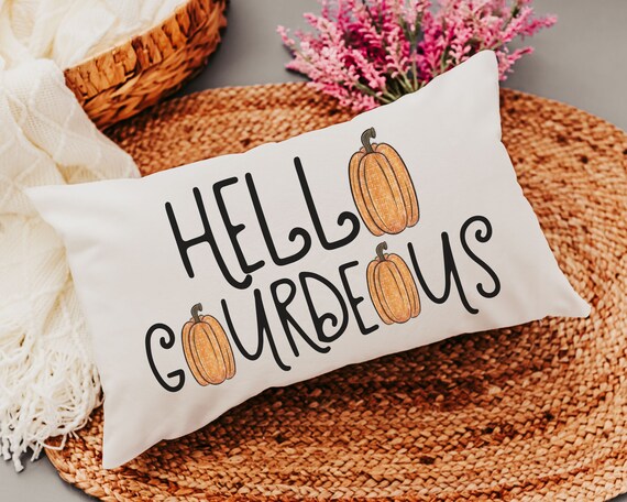 hello gourdgeous funny throw pillows for sofa, fall decor for home pumpkin lumbar pillow cover 12x20, Thanksgiving hostess gifts for women,