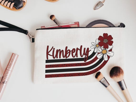 maroon and white daisy pencil pouch personalized makeup bag with name, maroon school spirit needs, cheer Christmas gifts for teenage girls