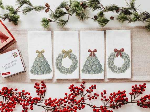 oyster shell Christmas tree kitchen towels for winter, oyster Christmas home decor gifts for Mom, oyster shell Christmas wreath hand towels