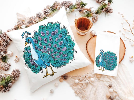 turquoise peacock throw pillow for women apartment decor for girls, teal peacock kitchen towels for friends, cute peacock gifts, dorm decor