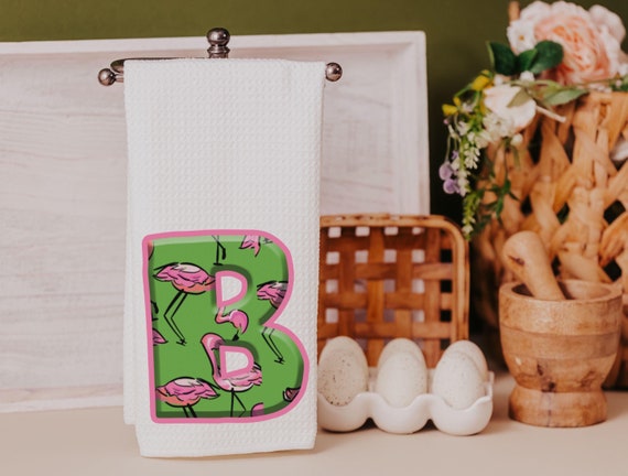 personalized initial kitchen towels decorative hand towel for bathroom, flamingo kitchen decor, beach house hostess gift for women, tropical
