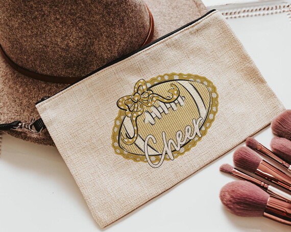 personalized cheer makeup bag for teens, gold school spirit items, stocking stuffers for teenage girls Christmas gifts for cheerleaders