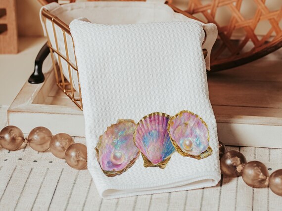 opalite pearl oyster hand towels for bathroom beach Christmas gifts for beach lovers, coastal kitchen towels for Mom, nautical decor home