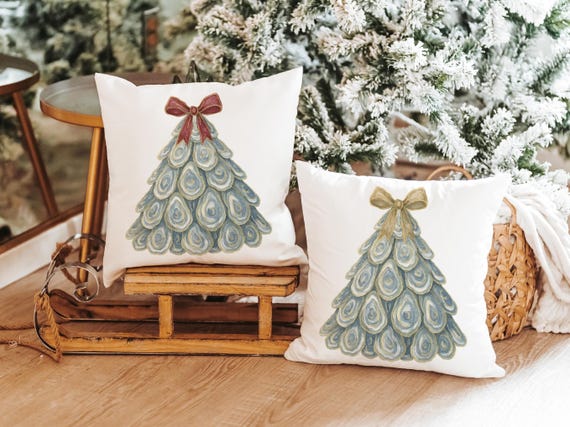 oyster shell Christmas tree decorative pillows for couch, coastal Christmas decor, nautical Christmas tree throw pillow covers 18 x 18, best