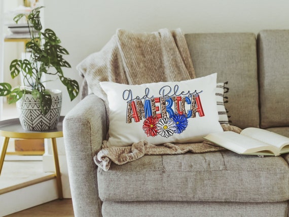 God bless America throw pillows for sofa, 4th of July sunflower lumbar pillow for couch, military mom gift, patriotic decor for home, trendy
