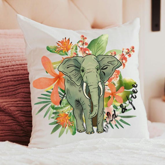 wild and free elephant throw pillow for couch, plant mom gift, tropical decor for home, elephant gifts for women, jungle nursery decor for