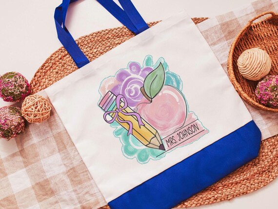 personalized pastel apple tote bag for school, back to school gifts for coworkers, first day of school gifts for teachers, watercolor pencil