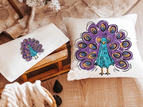 purple peacock decorative accent pillows for dorm room, cute peacock gifts, turquoise peacock kitchen towels for friends, teal peacock decor