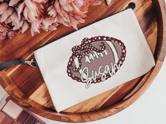 personalized seersucker football pencil case cute makeup bag with name, maroon school spirit items, Christmas gifts for cheerleaders, 2026