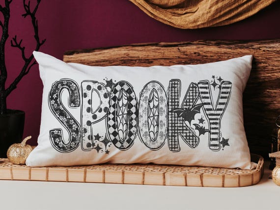 spooky cute Halloween lumbar pillow cover 12x20, Halloween coquette throw pillow for bed, girly goth decor witchy gifts for girlfriend, boo