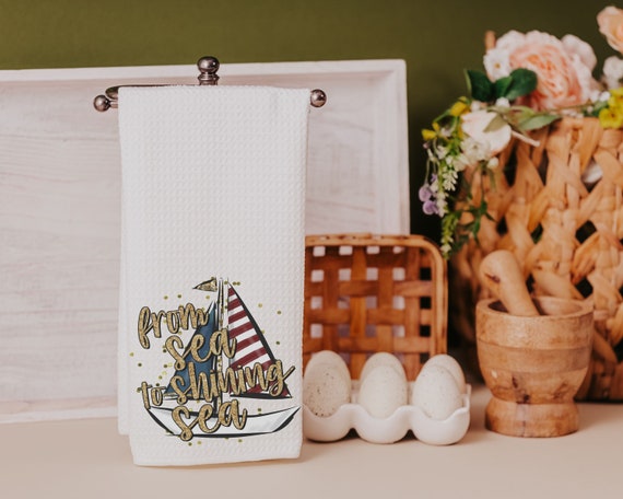 from sea to shining sea 4th of July kitchen towels for summer, sailboat kitchen decor, patriotic gifts for women, beach house gifts, sailing
