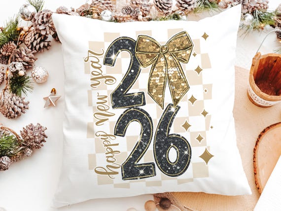 2026 Happy New Year trendy throw pillow for guest room, coquette bow New Year pillow cover 18 x 18, New Year gifts for ladies, hostess gifts