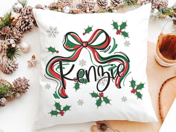 personalized mistletoe and holly Christmas coquette throw pillow with name, Christmas bow accent pillow for couch, cute Christmas gifts for