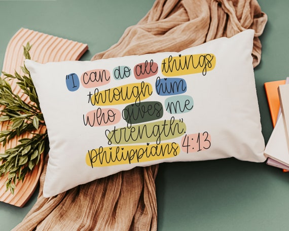 I can do all things through Christ faith throw pillow for bed, Philippians 4 13 colorful Christian lumbar pillow cover 12x20, adult baptism