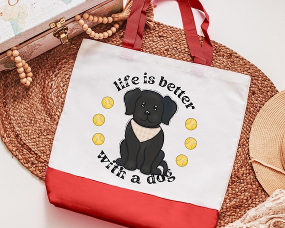 life is better with dogs black lab tote bag for women, stocking stuffers for dog mom Christmas gifts for dog lovers, black Labrador gifts