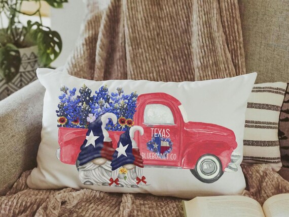 patriotic gnomes wildflower throw pillow for sofa, Texas state flower bluebonnet gifts for women, red truck decor, moving to Texas gifts for