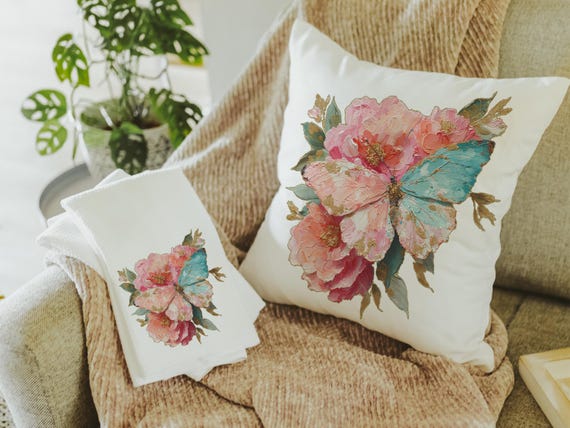 blush pink butterfly throw pillows for dorm, watercolor flower kitchen towels for sister, college apartment gift for best friend, muted teal