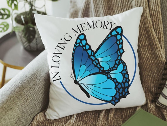 in loving memory blue butterfly throw pillow for bed, remembrance gifts for loss of son sympathy gift for miscarriage, something blue for