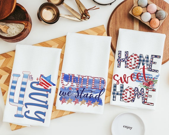4th of July kitchen towels, patriotic decor for home, July birthday gifts for her, hostess gift ideas, home sweet home dish towel, new home